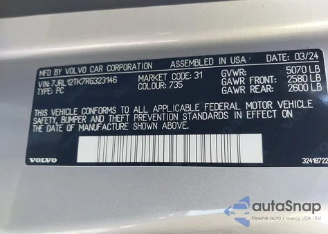 2024 Volvo S60 B5 Core Dark Theme z USA, uszkodzony, nr VIN 7JRL12TK7RG323146